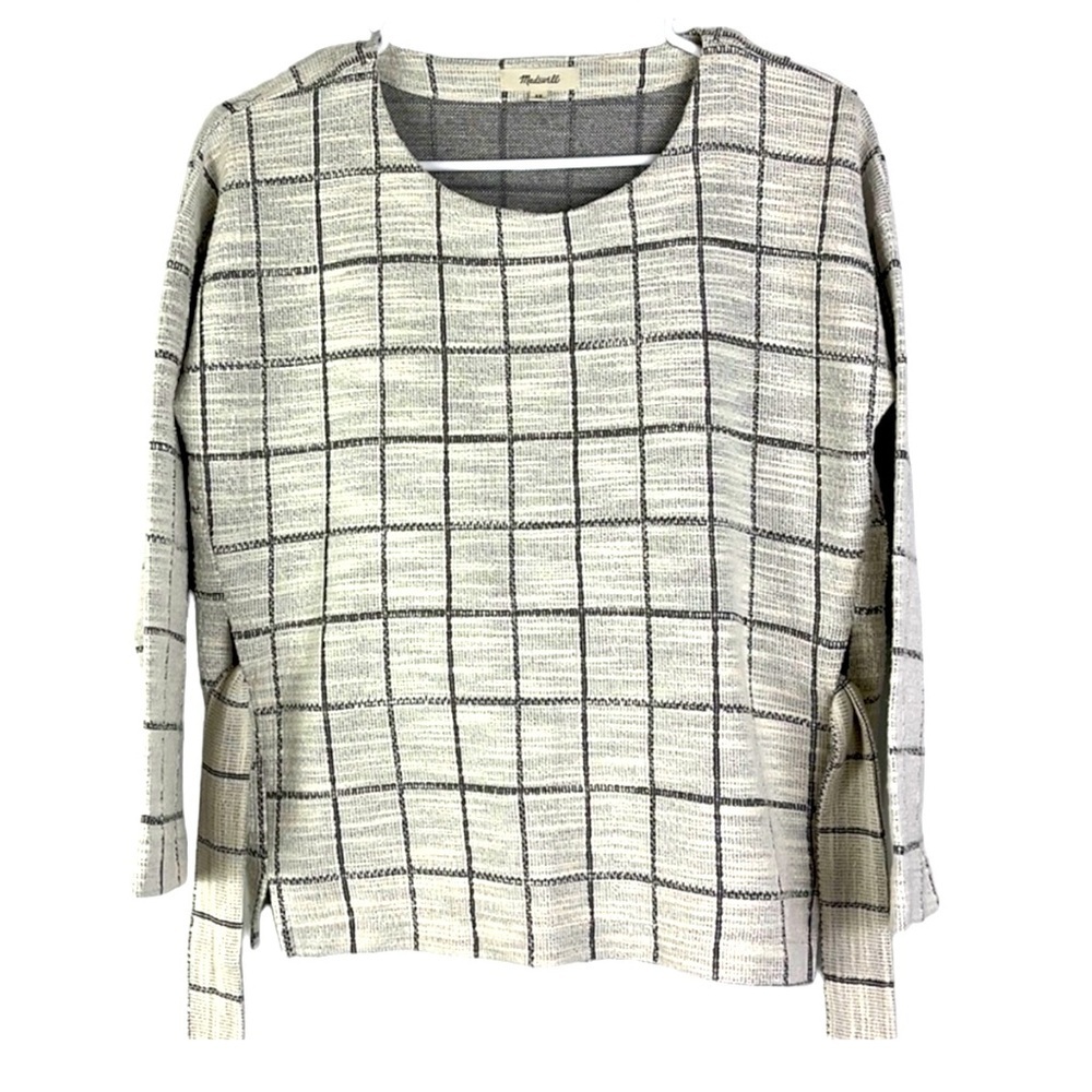 Madewell window pane pattern top with tie sash long sleeves Sz XS